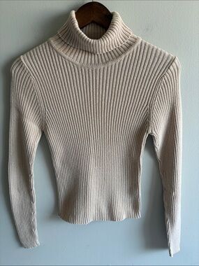 Jamie Scott Ribbed Cotton Turtleneck Sweater Cream Oatmeal Medium Y2K inspired